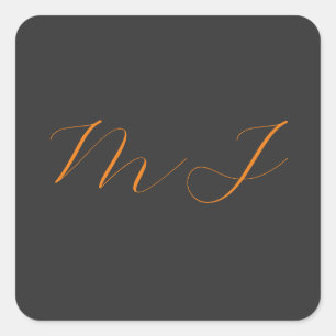 Chique kalligrafie grijs oranje monogram naam init vierkante sticker