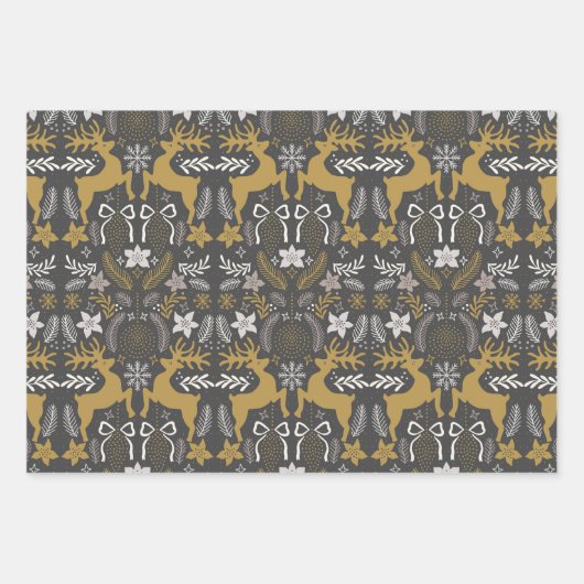 Chique Kerst Bloemen Herten Sneeuwvlok Zwart Vakan Inpakpapier Vel (Voorkant 2)