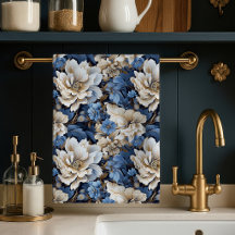 Chique Klassiek Blauw Wit Ivoor Bloem Keukendoek