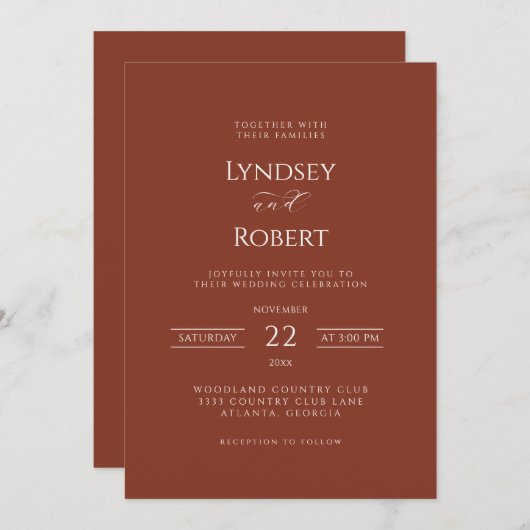 Chique klassieke kaneel en witte bruiloft kaart (Voorkant / Achterkant)