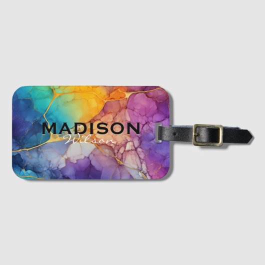 Chique kleurrijke faux goud glitter marmering mono bagagelabel (Voorkant (horizontaal))