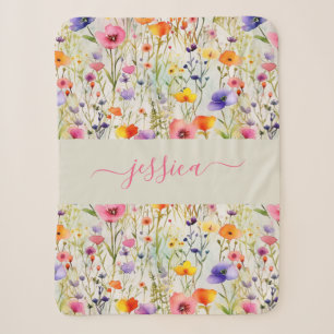 Chique kleurrijke wilde bloemen waterverf script n sherpa deken
