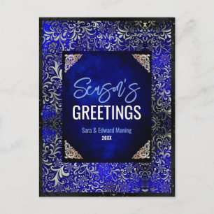 Chique koningsblauw bloemenglitter Kerst nieuwjaar Briefkaart