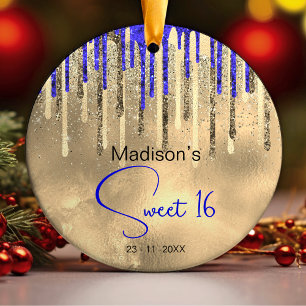 Chique koningsblauw goud glitter druppels zoet 16 keramisch ornament