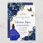 Chique koningsblauwe bloemen prinses goud quinceañ save the date (Voorkant / Achterkant)