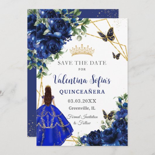 Chique koningsblauwe bloemen prinses goud quinceañ save the date (Voorkant / Achterkant)