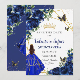 Chique koningsblauwe bloemen prinses goud quinceañ save the date