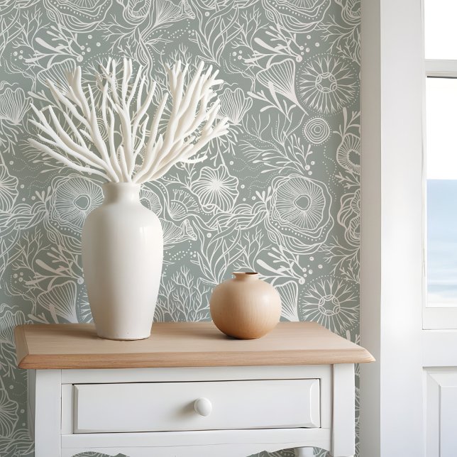 Chique kustlijn onder het Zee Green Coral Reef Behang (Chic Coastal Under the Sea Green Coral Reef Wallpaper)