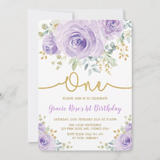 Chique Lavendel Bloem Roze Meisje 1e Verjaardagsfe Kaart (Voorkant)