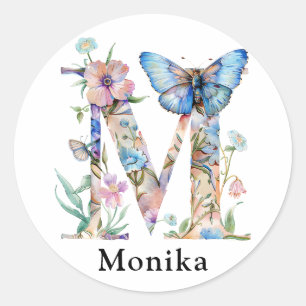 Chique letter M Whimsical Bloemenbrief Monogram Ronde Sticker