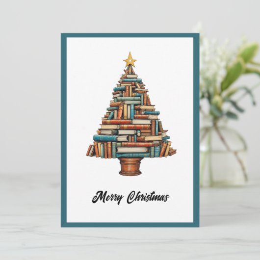 chique leuke kerstboom gemaakt van boeken feestdagenkaart (Staand voorkant)