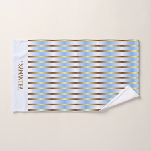 Chique licht blauw wit en goud strepen monogram bad handdoek (Handdoek)