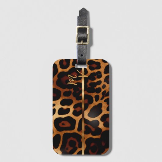 Chique Luipaard Print en Goud Monogram Bagagelabel (Voorkant (verticaal))