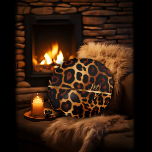 Chique Luipaard Print en Goud Monogram Rond Kussen