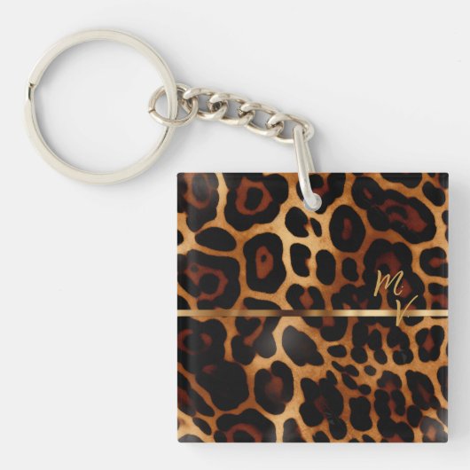Chique Luipaard Print en Goud Monogram Sleutelhanger (voorkant)