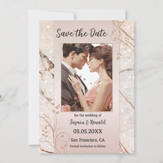 Chique Marble Blush Roze Foto Save the Date Kaart (Voorkant)