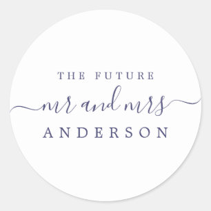 Chique Marine Blauw Script Toekomst Mr Mrs Wedding Ronde Sticker