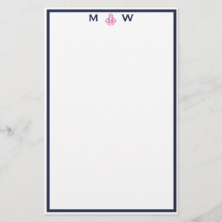 Chique marine & roze anker monogram briefpapier