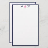 Chique marine & roze anker monogram briefpapier (Voorkant / Achterkant)