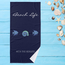 Chique marineblauw Zee Life familienaam strand hui Bad Handdoek