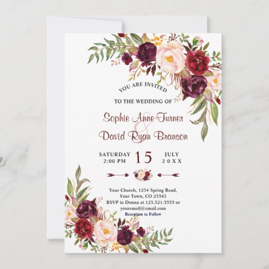 Chique Marsala Bloemrijke Burgundy Strepen Bruilof Kaart (Voorkant)