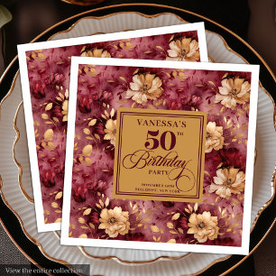 Chique Marsala Blush Gouden Bloemen 50e Verjaardag Servet