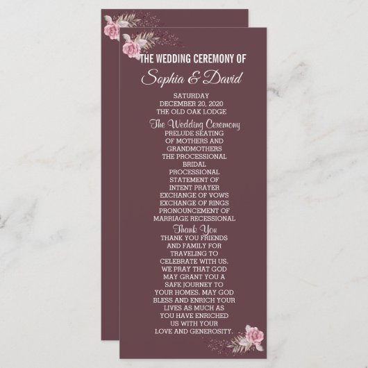 Chique Marsala Rode Bloemige Waterverf Huwelijkspr Programma (Voorkant / Achterkant)
