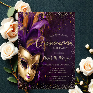 Chique Masker,Confetti Paarse Quinceañera Kaart