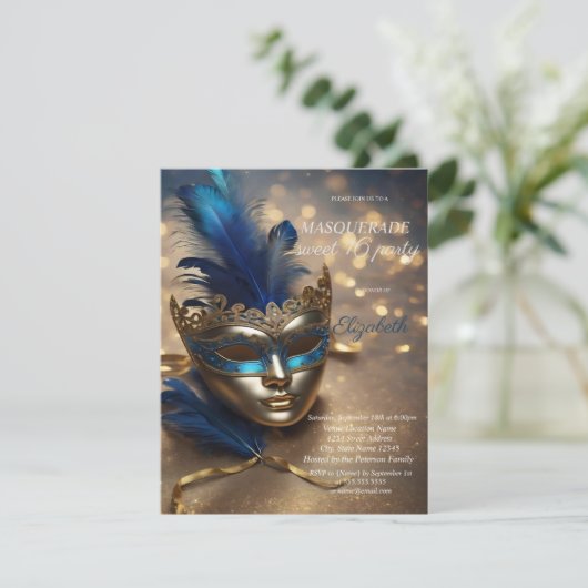 Chique Masquerade Blauw Masque Bokeh Sweet 16 Kaart (Staand voorkant)