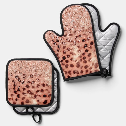 Chique Meisje Roos Goud Luipaard Glitter Liefde Ovenwant & Pannenlap Set (Voorkant / Achterkant)