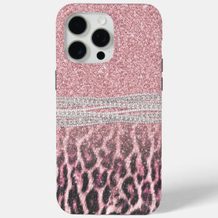 Chique meisjesachtige roze luipaard dierprint glit iPhone 15 pro max hoesje
