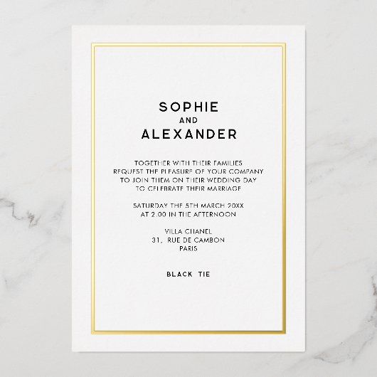 Chique minimale Parijse Frans Gouden Border Bruilo Folie Uitnodiging (Voorkant)