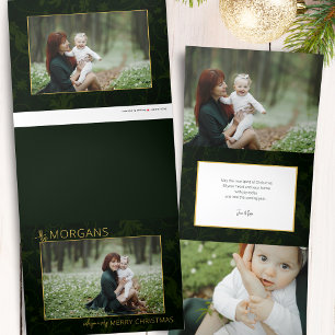 Chique minimalistische groene damast kerstfoto drieluik wenskaart