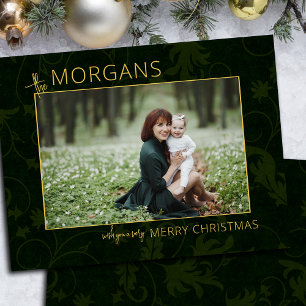 Chique minimalistische groene damast kerstfoto feestdagenkaart