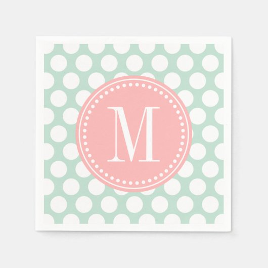 Chique Mint & Blush Roze Grote Stippen Monogrammed Servetten (Voorkant)