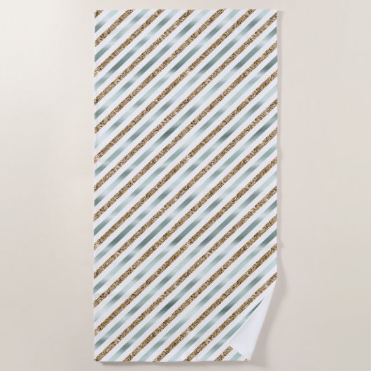 Chique Mint Wit Goud Glitter Strepen Strandlaken (Voorkant)