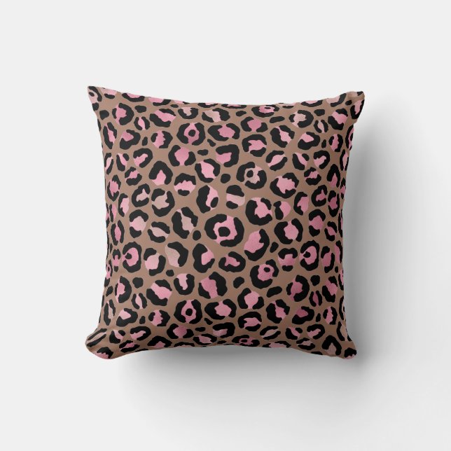 Chique mocha mousse, roze en zwart Leopard Print Kussen (Voorkant)