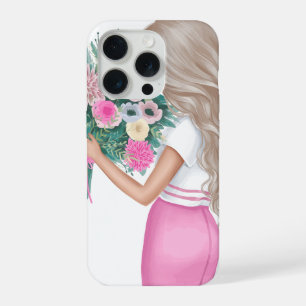 Chique Mode Meisje met Roze Bloemenboeket iPhone 15 Pro Hoesje