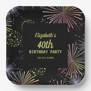 Chique Modern Kleurrijk Vuurwerk Zwart Verjaardag Papieren Bordje
