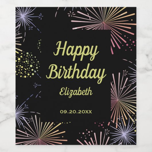 Chique Modern Kleurrijk Vuurwerk Zwart Verjaardag Wijn Etiket (Enkel label)
