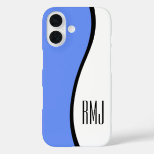 Chique Modern Monogramned Wave Blauw Zwart-wit iPhone 16 Hoesje