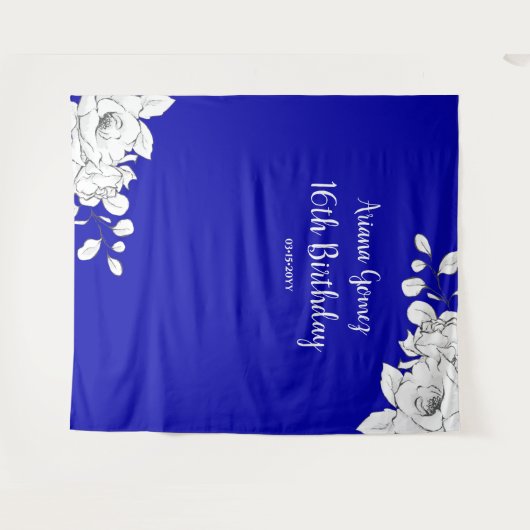 Chique Modern Royal Blauw Wit Bloemen Achtergrond Wandkleed (Voorkant (horizontaal))