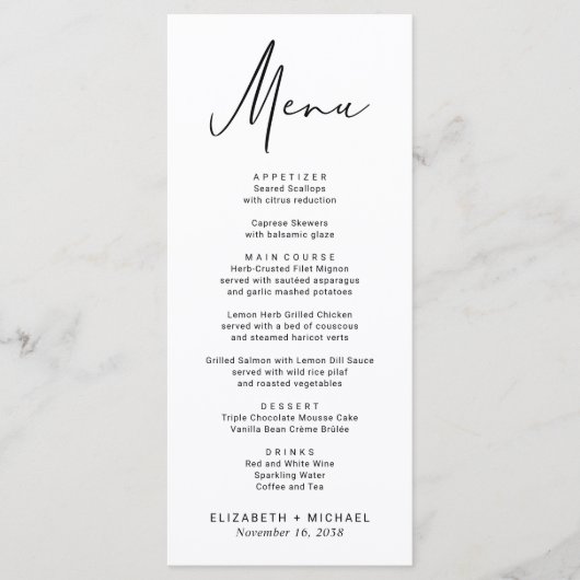 Chique modern script bruiloft menu (Voorkant)