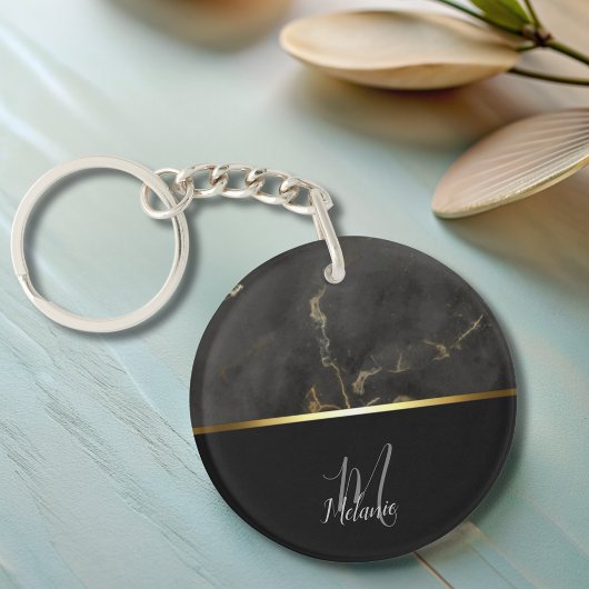 Chique modern Zwart grijs marmer goud monogram Sleutelhanger
