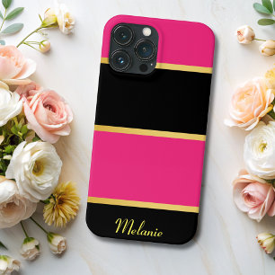 Chique Modern zwart roze strepen Patroon met naam iPhone 13 Pro Max Hoesje