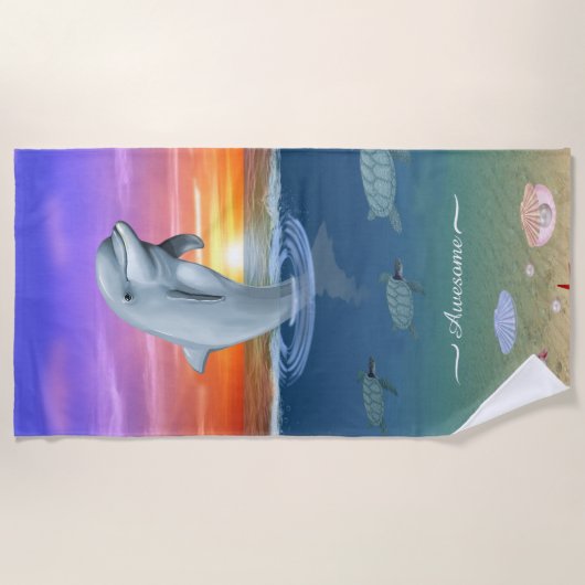 Chique moderne dolfijn, schildpadden en script op  strandlaken (Voorkant)