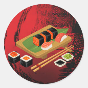 Chique moderne elegante zwarte en rode sushi-feest ronde sticker