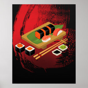 Chique moderne elegante zwarte en rode sushi poster