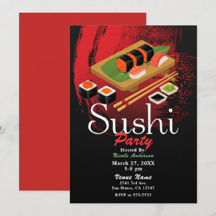Chique Moderne Elegante Zwarte & Rode Sushi Feest  Kaart