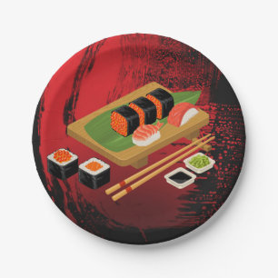 Chique Moderne Elegante Zwarte & Rode Sushi Feest Papieren Bordje